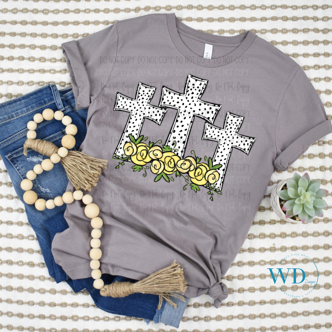 Three Crosses Yellow Roses DTF Transfer